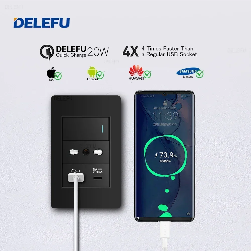 DELEFU Black Retardant PC Panel Italy Standard Type C EU Outlet Plug Wall Socket Light Switch Chile Satellite TV Tel CAT5 CAT6