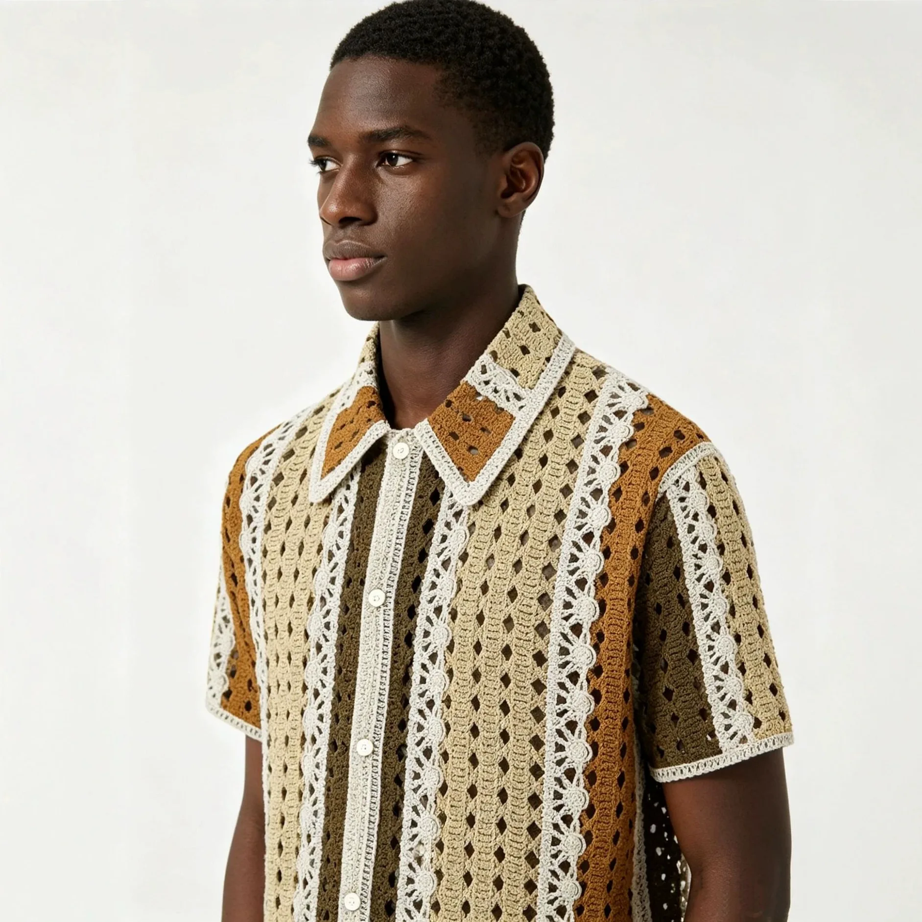 Men's American Retro Color Block Hollow Out Knit Polo Cardigan European Style Striped Crochet Short Sleeve Knit Shirt Summer