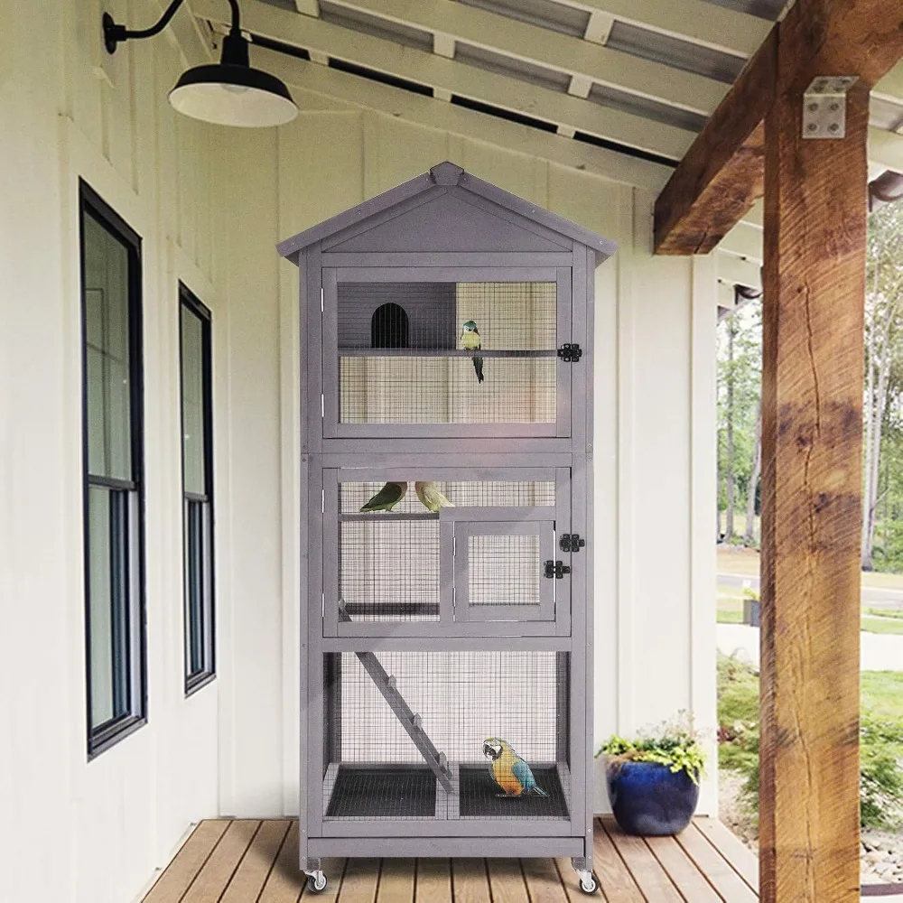 

Outdoor Bird Aviary Wooden Large Bird Cage on Wheels, Featuring Play Stand, Perches, Nest Habitat