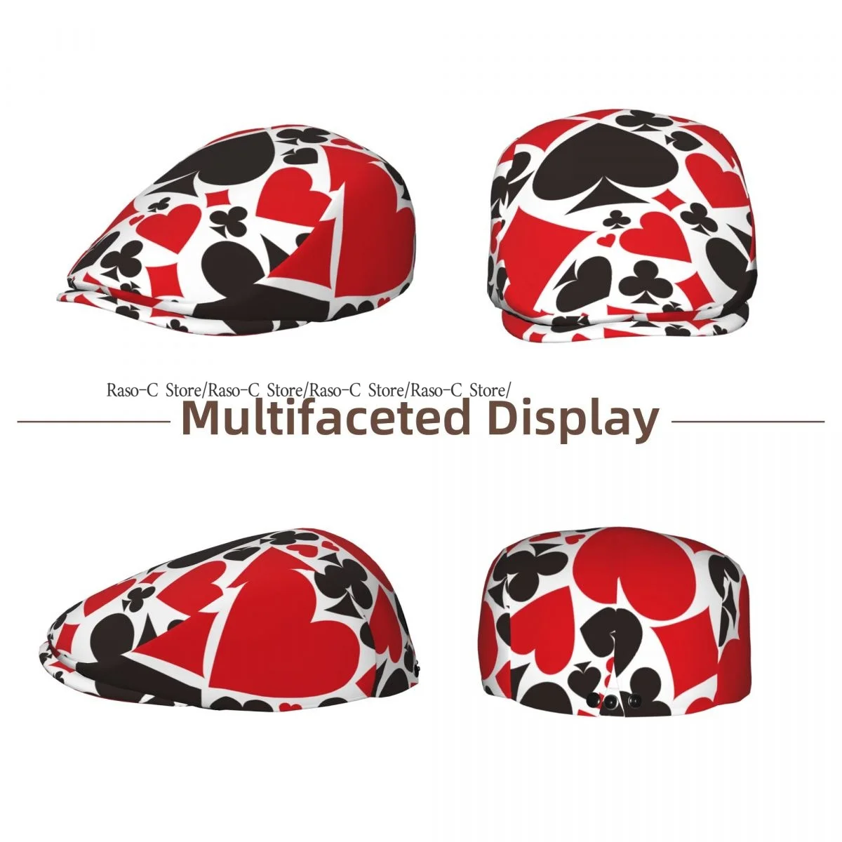 British Gatsby Newsboy Cap For Adults Poker Pattern With Card Suits Flat Peaked Cap Autumn Winter Beret Hat
