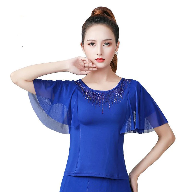 

Korean Fashion Women T Shirt Round Neck Mesh Tops 2026 Summer Clothes Casual Diamond Shirt Dance Costume