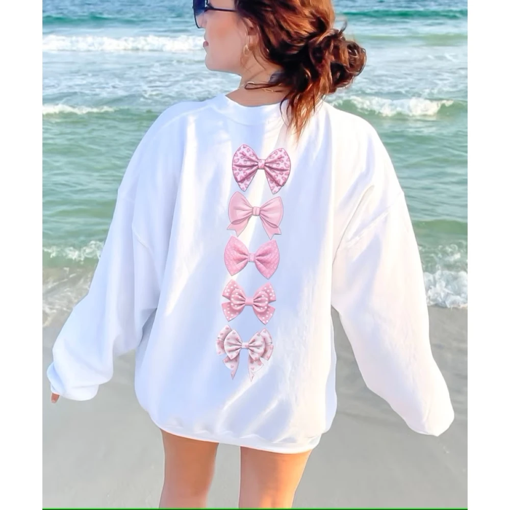 Trendy Coquette Aesthetic Sweatshirt Pink Ribbon Bow Illustration Pullover Y2k Cute Girly Pink Kawaii Harajuku Top Fashion Wear