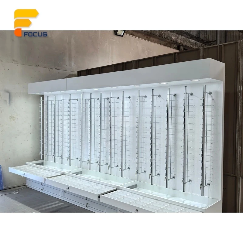custom.Upgraded design project, mixed-material wall shelves, factory retail eyeglasses