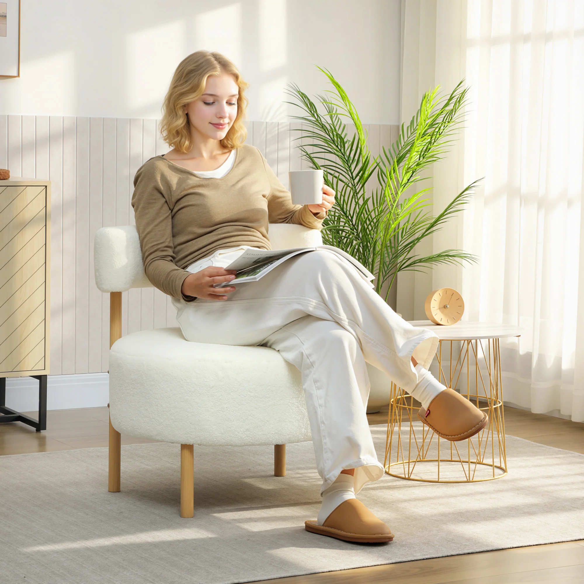 HOMCOM Sessel Loungesessel Relaxsessel mit Sherpa-Fleece, Metallbeinen in Holzoptik Polstersessel Lesesessel Einzelsofa für Wohnzimmer, Schlafzimmer, Cremeweiß