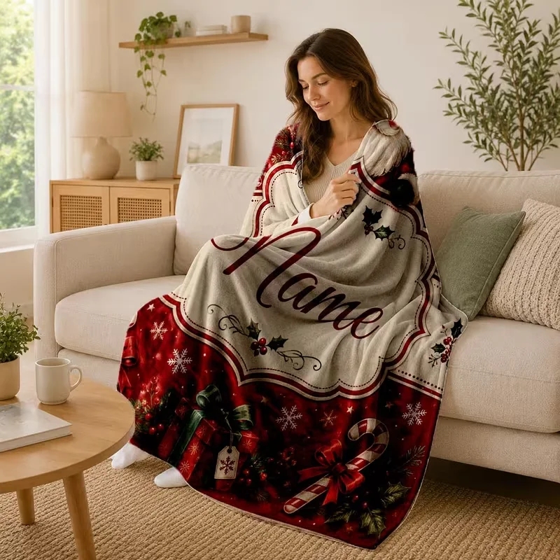 名前入りでカスタマイズ可能なクリスマス柄のブランケット。暖か - Christmas Throw Blanket のレビューと価格
