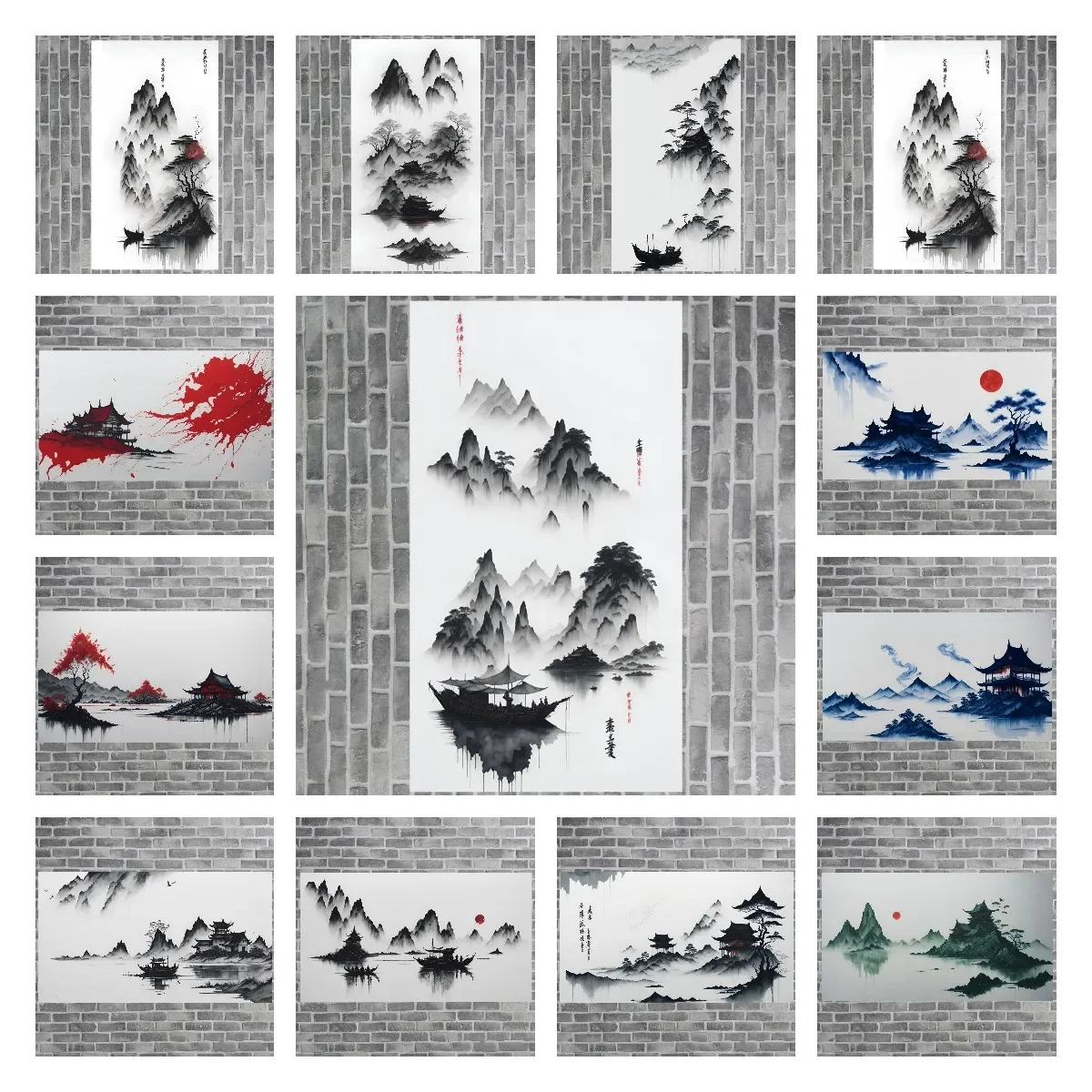 Chinese Ink Landscape Canvas Poster Traditional Oriental Mountain Boat Pavilion Living Room Wall Painting Bedroom Wall Decor