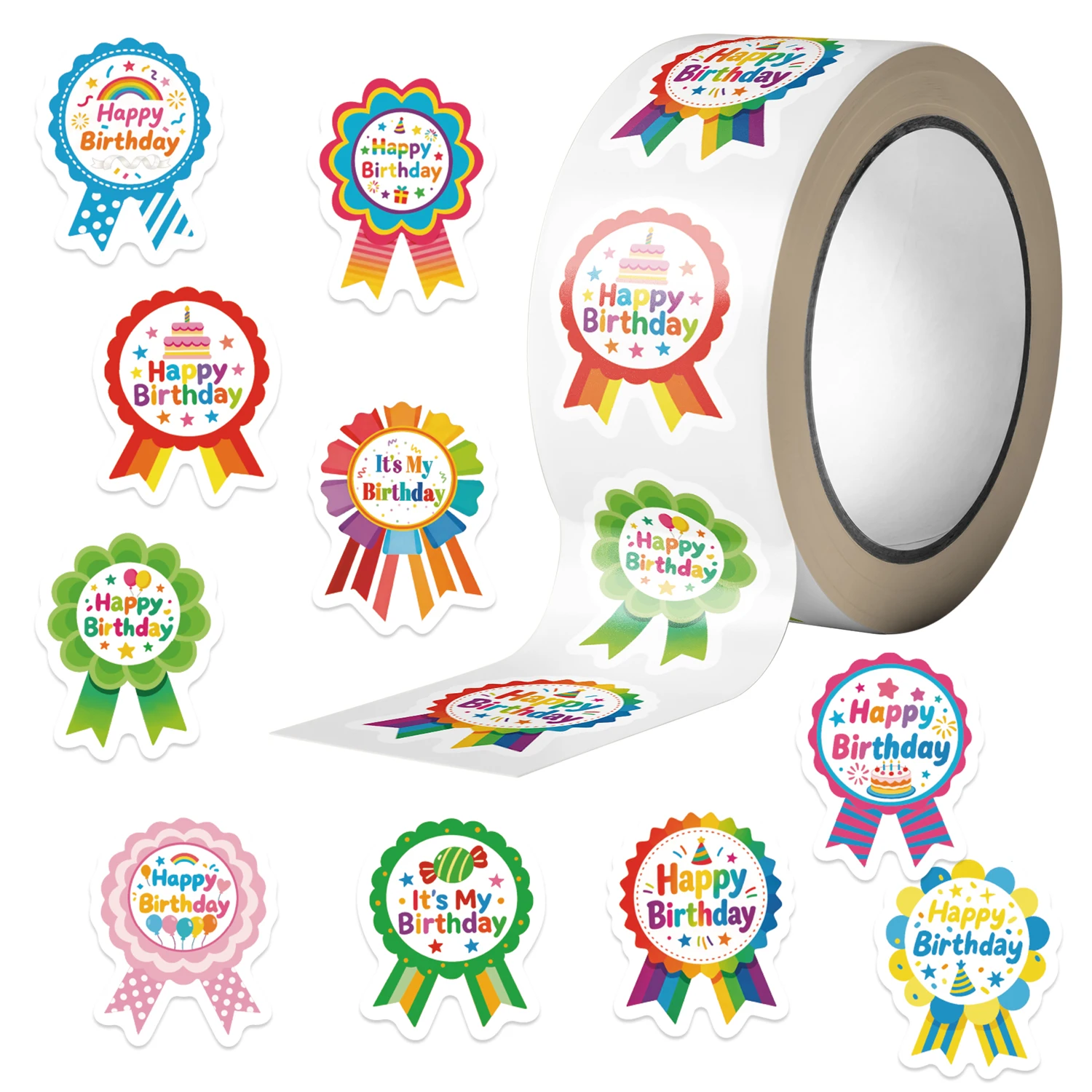 500pcs Birthday Badge Cartoon Roll Stickers – Colorful Ribbon Style Adhesive Labels for Scrapbooking Gift Wrapping Planners PVC