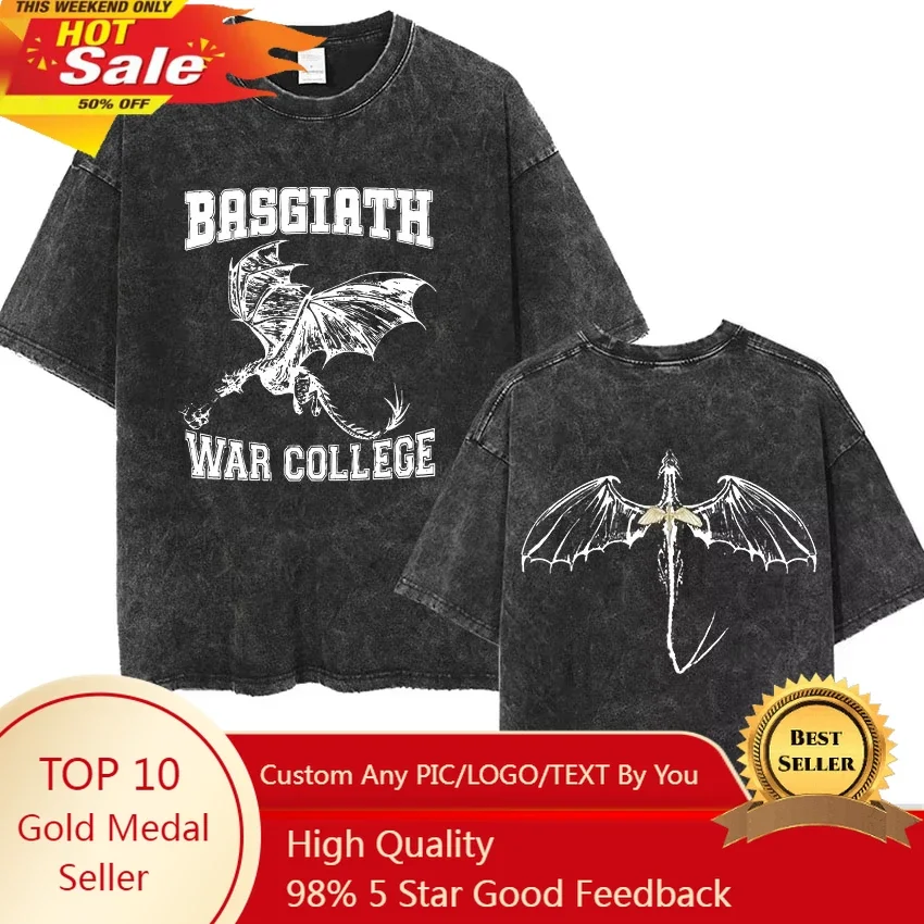 

Basgiath War College Vintage Washed T Shirts Fourth Wing Dragon Rider Print Short Sleeve T-shirt Men's Fashion Oversized Tshirt