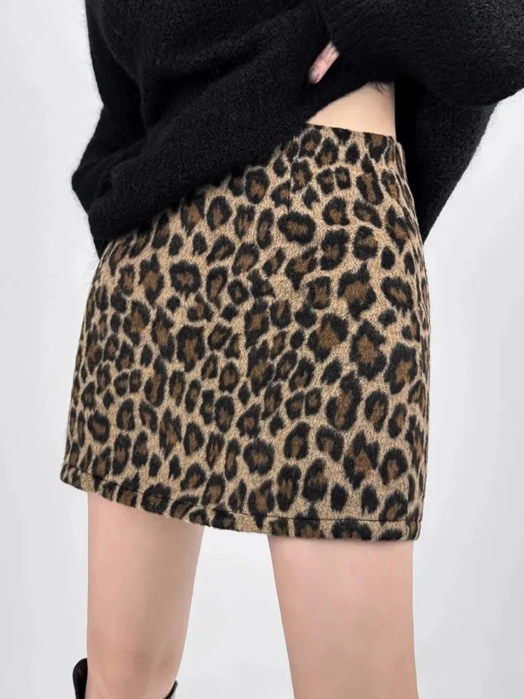 Leopard Vintage Y2K Skirt Women Sexy Slim Faux Woolen Mini Skirts American Retro Harajuku Streetwear High Waist Hip Hop Skirt