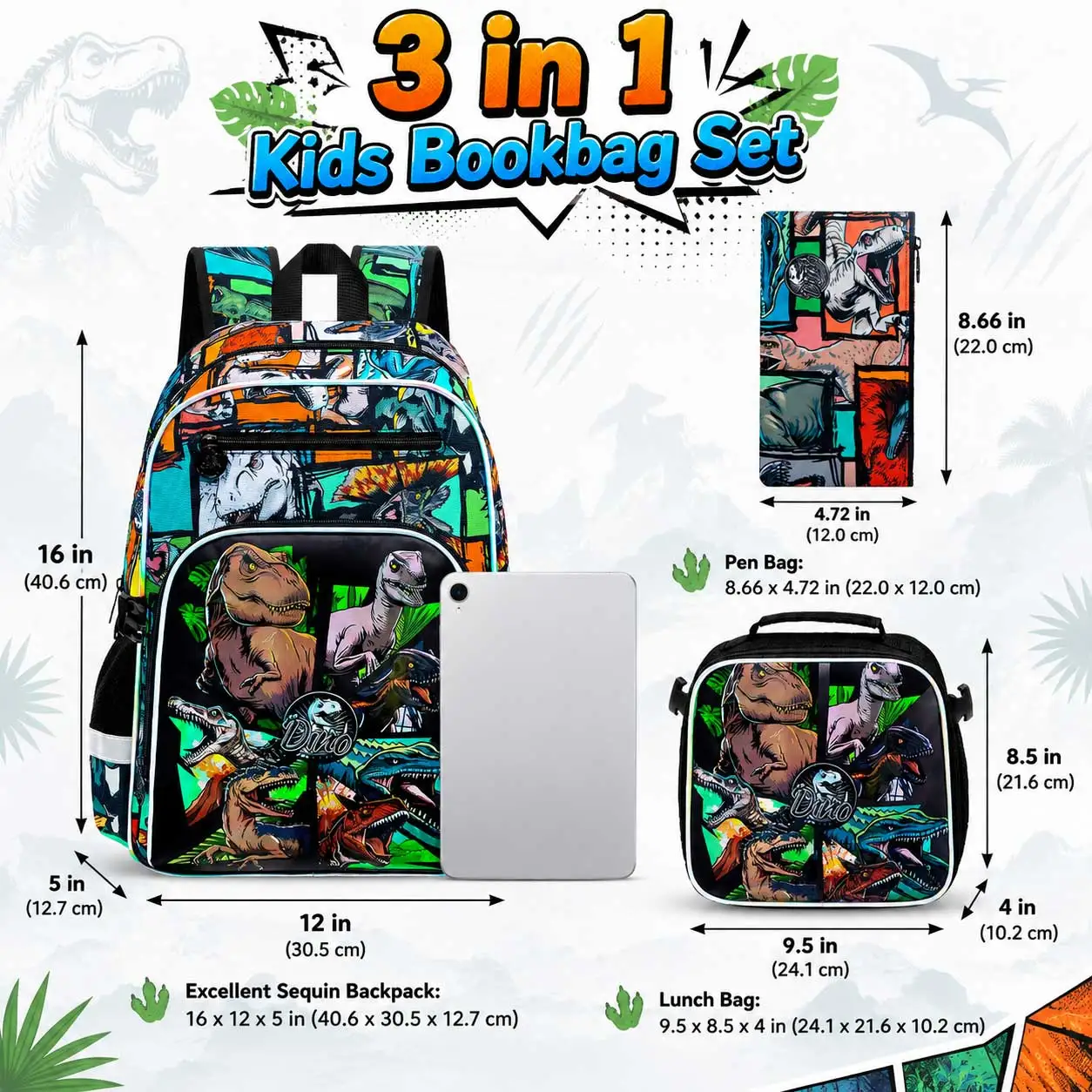 3pcs Boys Backpack Set, Comic Dinosaur School Backpack with Buckle, Handbag & Pen Pouch
