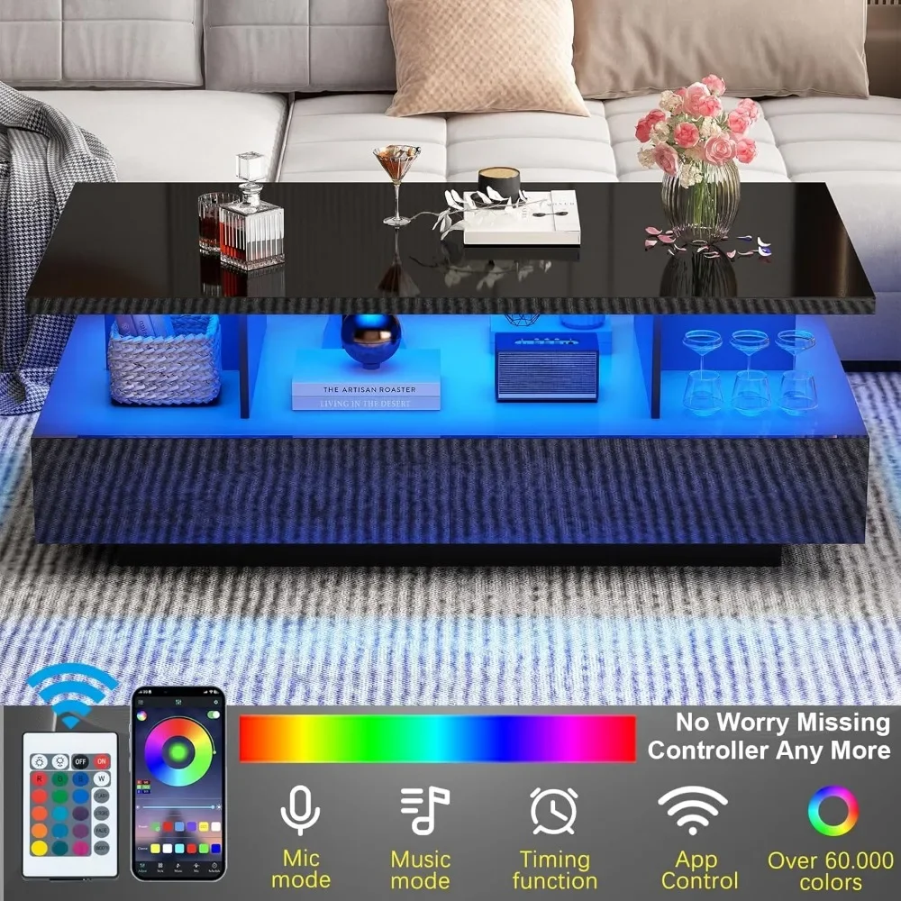 LED Coffee Table W/ 2 Storage Drawers, High Glossy Coffee Tables W/60,000-Color Lights, Rectangle 2-Tier Center Table W/Shelf