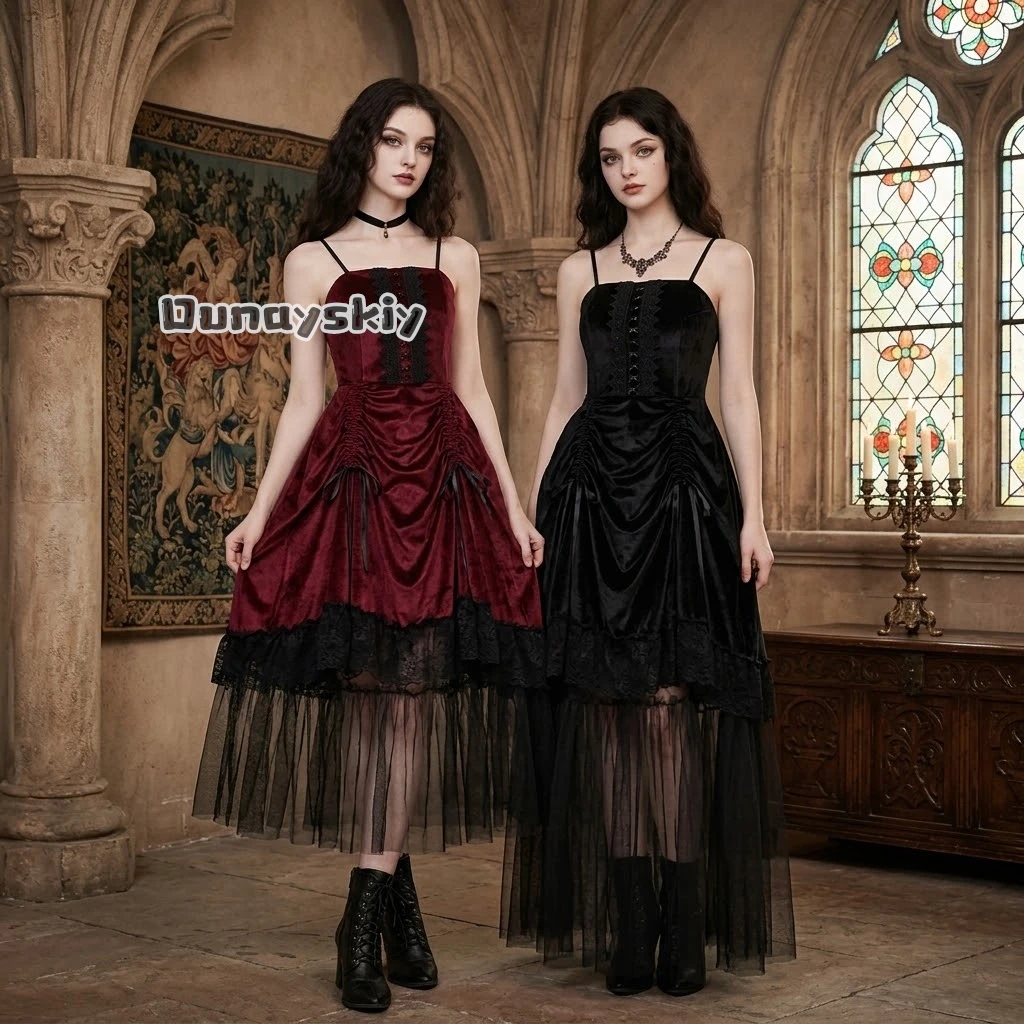 KS*092026 Halloween Party Medieval Renaissance women's Dress Velvet IP Lolita Jirai Kei Dark Gothic Strappy Dress Pearl Chain