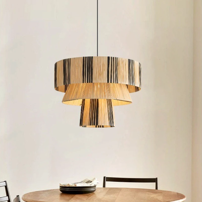 Japanese Retro Pendant Lights Stratification Hand Woven Lafite Grass LED Chandelier Living Room Bedroom Restaurant Kitchen Lamps