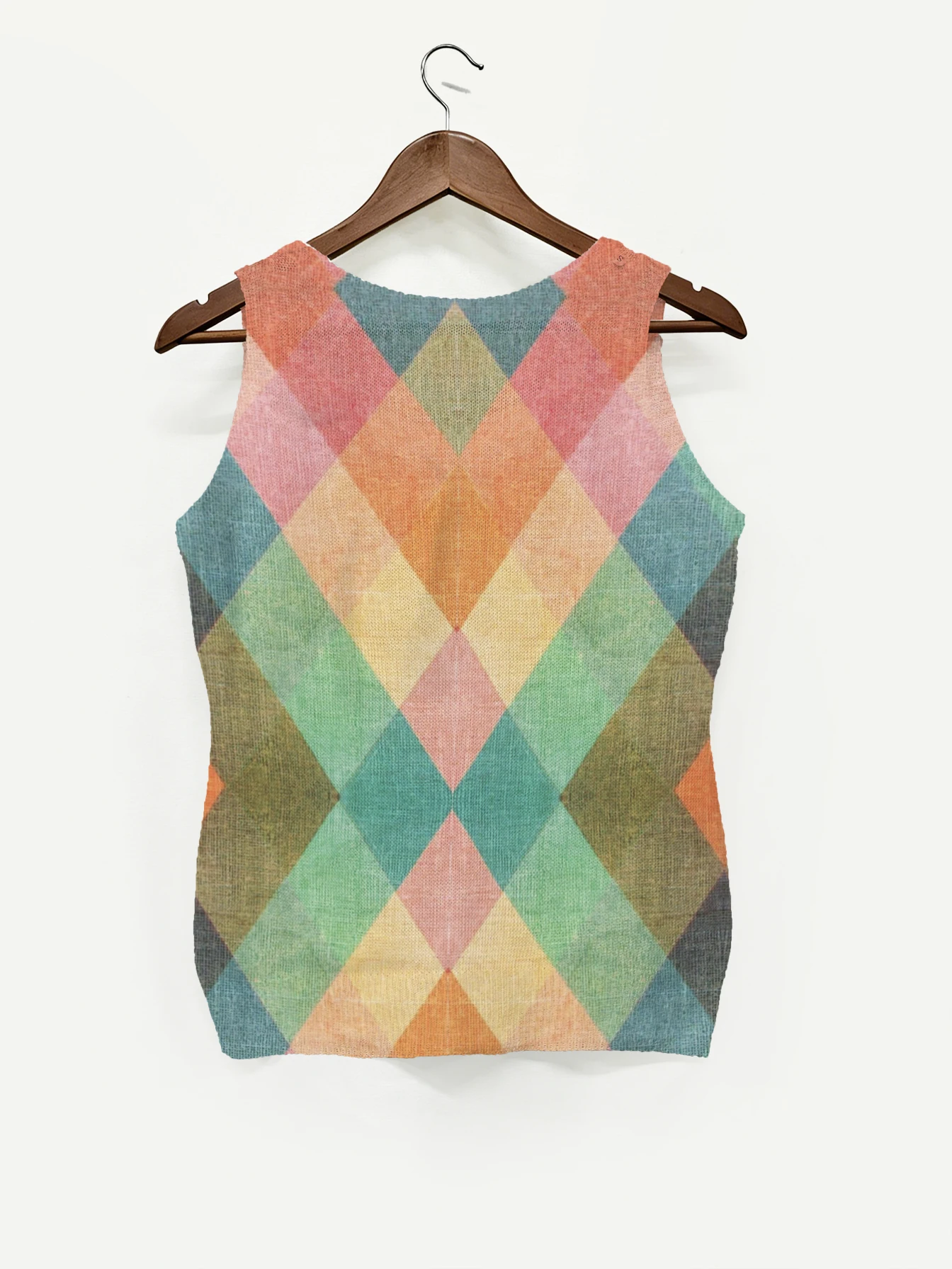 Women's Knitted Top, Summer Round-Neck Vest, Retro Color-Blocked Diamond Pattern, Non-Positioned Print, American Retro Casual Style, Suitable for Summer Commuting, Casual Gatherings view 4