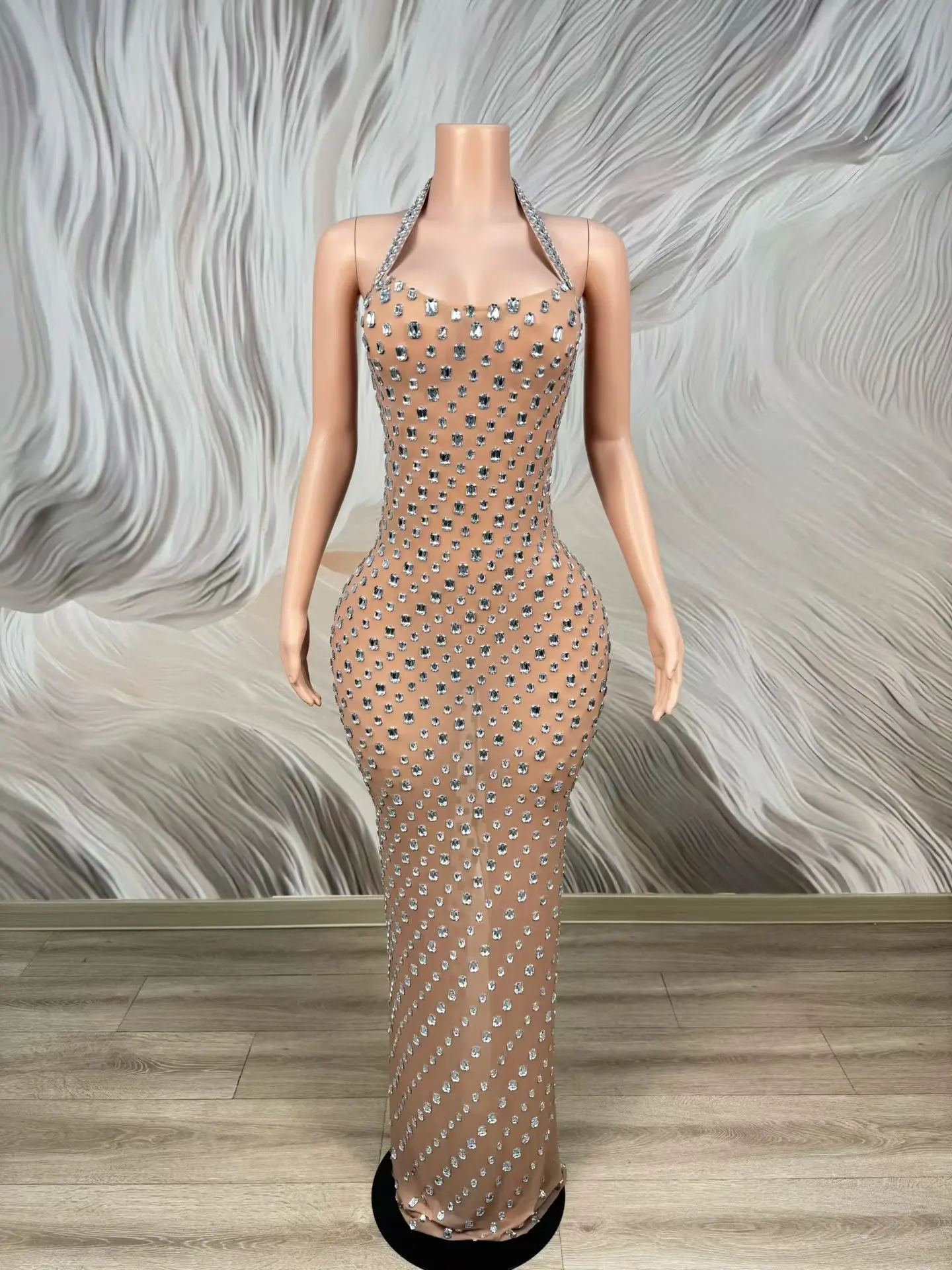 Cizhuan Elegant Woman Evening Gowns Sexy See Through Mesh Neck Hanging Long Skirt Bespoke Occasion Dress Wedding Birthday Dress