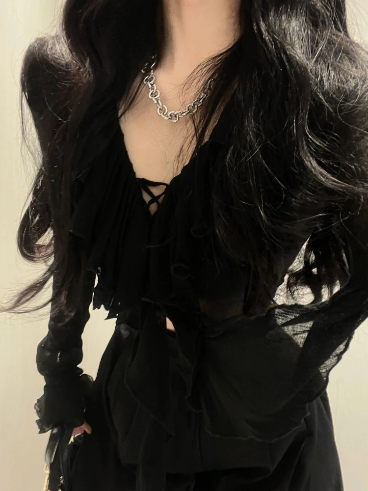 Fashion V-neck Ruffles Black Long Sleeve Cardigan Mujer+ Y2k High Waist Loose Wide Leg Pants woman 2024 New Two Piece Sets
