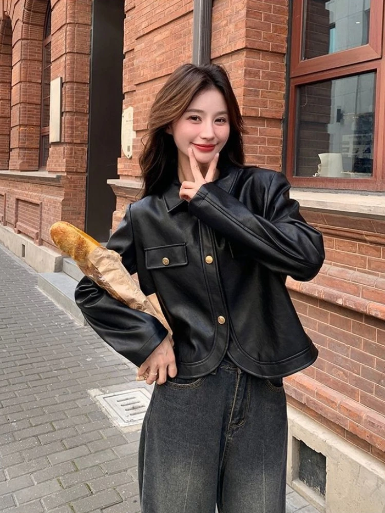

​2025 Trendy PU Retro Jacket for Petite Women Short High Waist Biker Coat Soft Leather Material with Adjustable Belt​