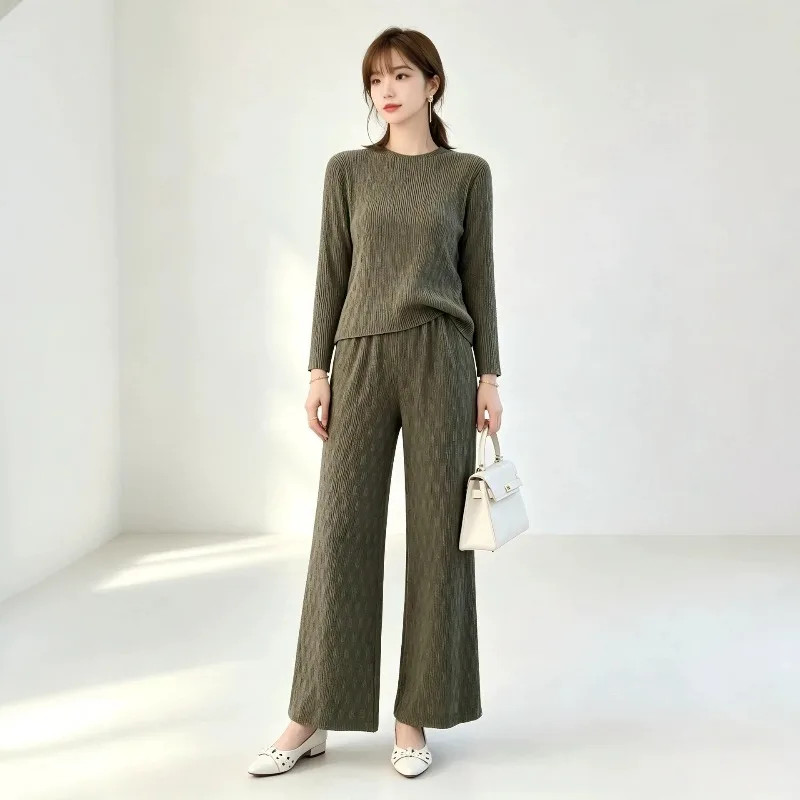 Miyake Pleated 2026 New Spring and Autumn Fashion Casual Slim Fit Set Diamond Pattern Top and Pants Two-Piece Set for Women