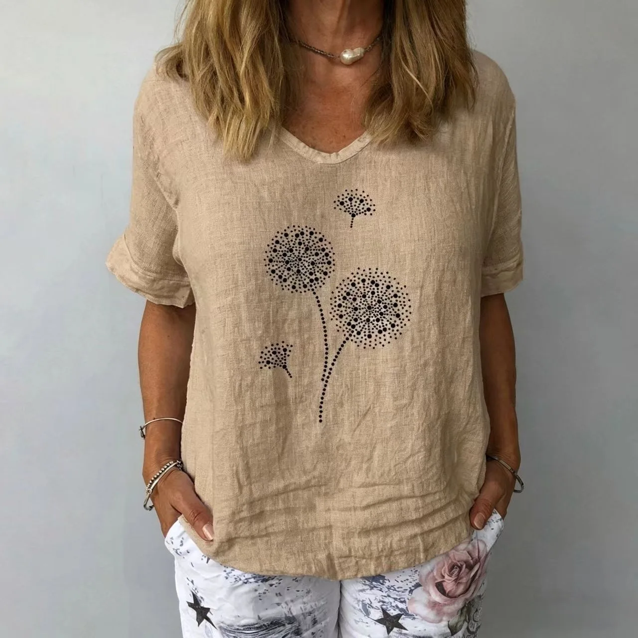 Women Solid Colour Cotton Linen Blouse Top 2026 Summer Casual Harajuku Fashion T-shirt Print Loose Blouse Women Tops Streetwear