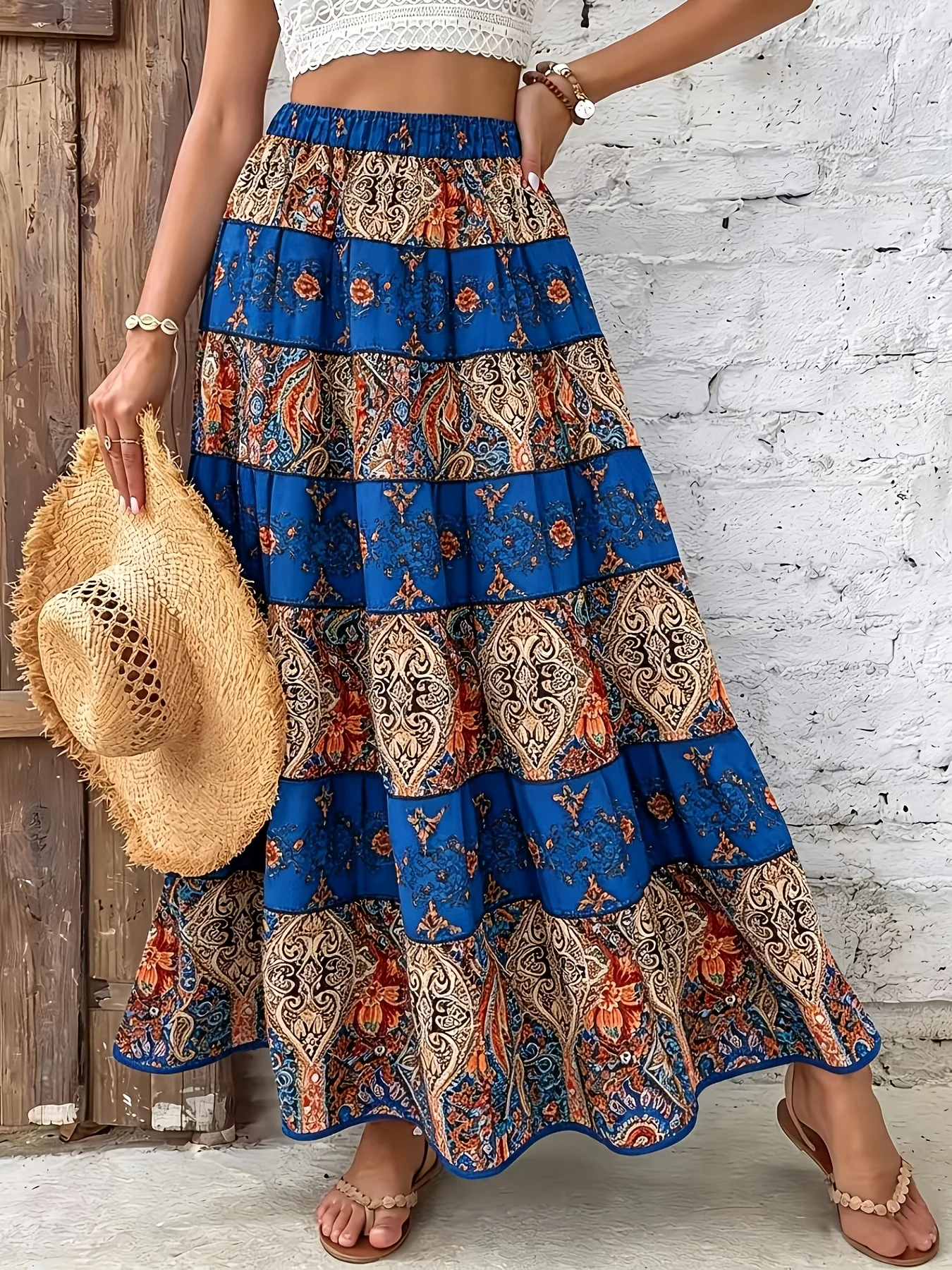 Elegant Women'S Bohemian Vacation Style High-Waisted A-Line Long Skirt with Colorful Floral Prints for Spring And Summer