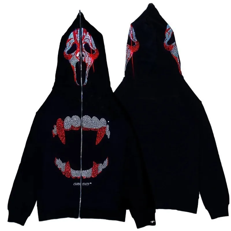 Men Y2K Fashion Hoodie Skull Rhinestone Zip Up Hoodie Grunge Women Oversized Sweatshirt Coat Punk Harajuku Long Sleeve Outerwear