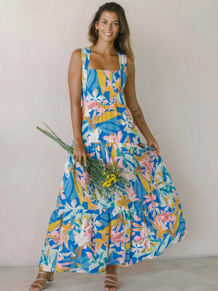 

Новое летнее женское длинное платье трапециевидной формы на шнуровке без рукавов, пляжные платья, женская одежда, праздничные платья, элегантные платья