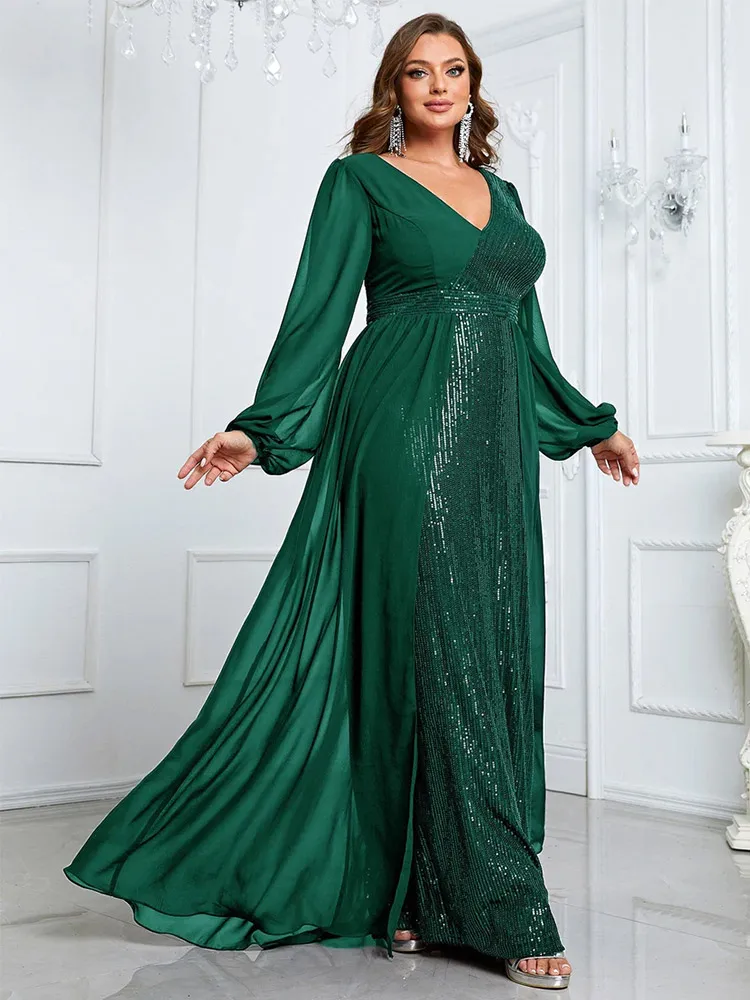 Plus Size V Neck Multicolor Chiffon Sequins Panel Dress 2023Big Size Loose Elegant Summer Long Evening Dress for Women Prom Gown