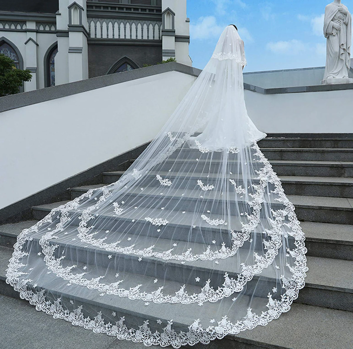 

Exquisite Wedding Veil Two Layer Long Cathedral Length Veils Multi Layer Applique Edge Velo De Cabeza For Bride Voile