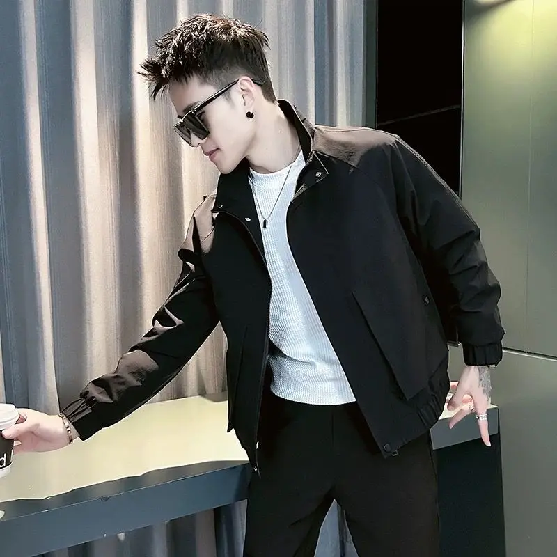 

Men's Casual Jaet ort Sle Stand Collar Spring Autumn New Faion Workwear Coat Waterproof Ox Fabric Zipper Closure