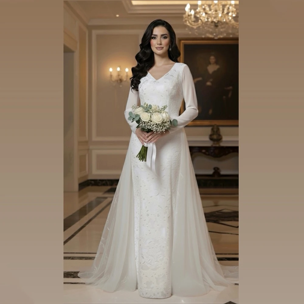 

Arabic Wedding Dresses V-Neck Customized Satin Long Sleeves White Lace Mermaid Bridal Gown Bride Party Dress vestidos de novia