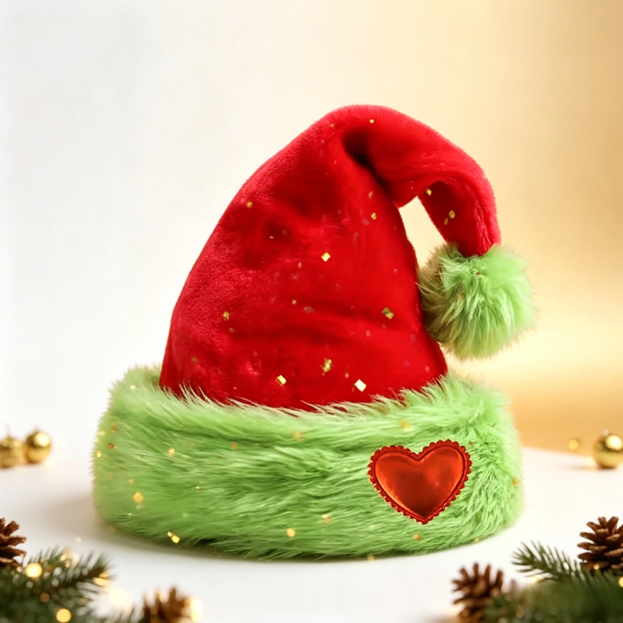 Christmas Santa Hat, Gold Glitter Velvet Hat with Green Faux Fur Trim, Red Heart Applique Pom Pom Holiday Hat for Women Men