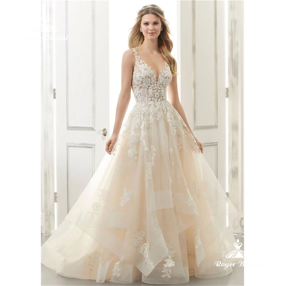 Roycebridal V Neck A Line Wedding Dress 2025 Lace Backless Chapel Train Wedding Gown vestido de noche elegante mujerenvío gratis