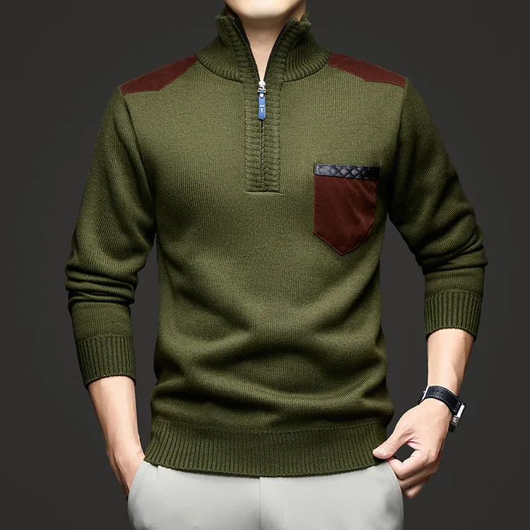 

Мужской вязаный свитер с полумолнией и цветовыми блоками, воротник-стойка, осенне-зимний повседневный, бежево-коричневый, разноцветный ​