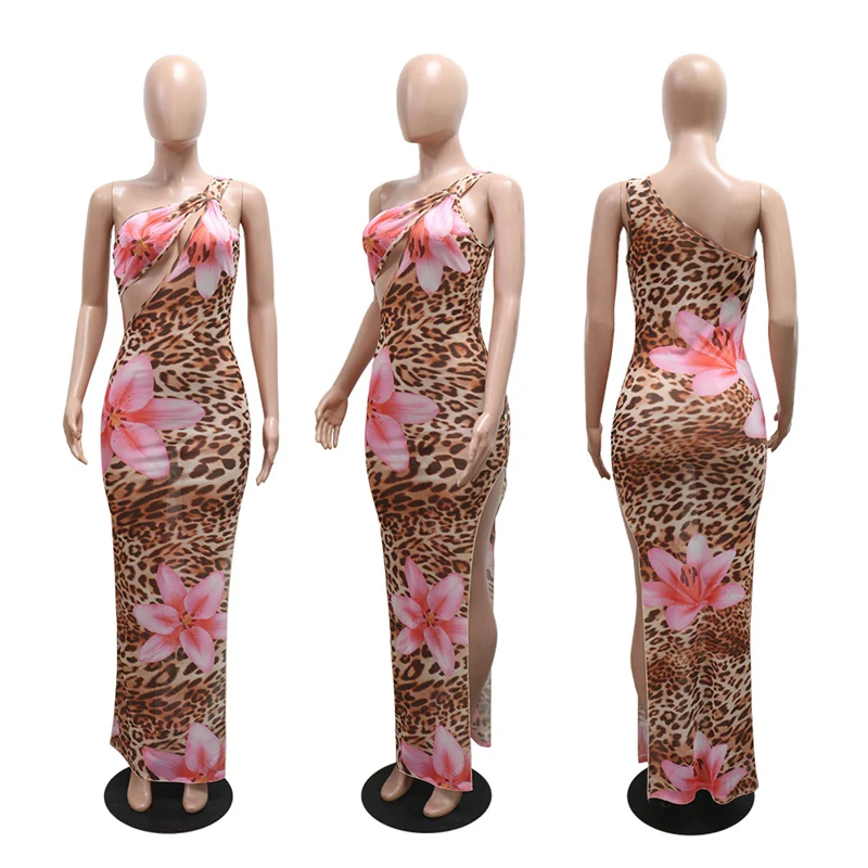 Robe longue moulante à imprimé Floral léopard pour femmes, asymétrique épaule dénudée, col incliné, maille transparente, fendue sur le côté, robes de soirée