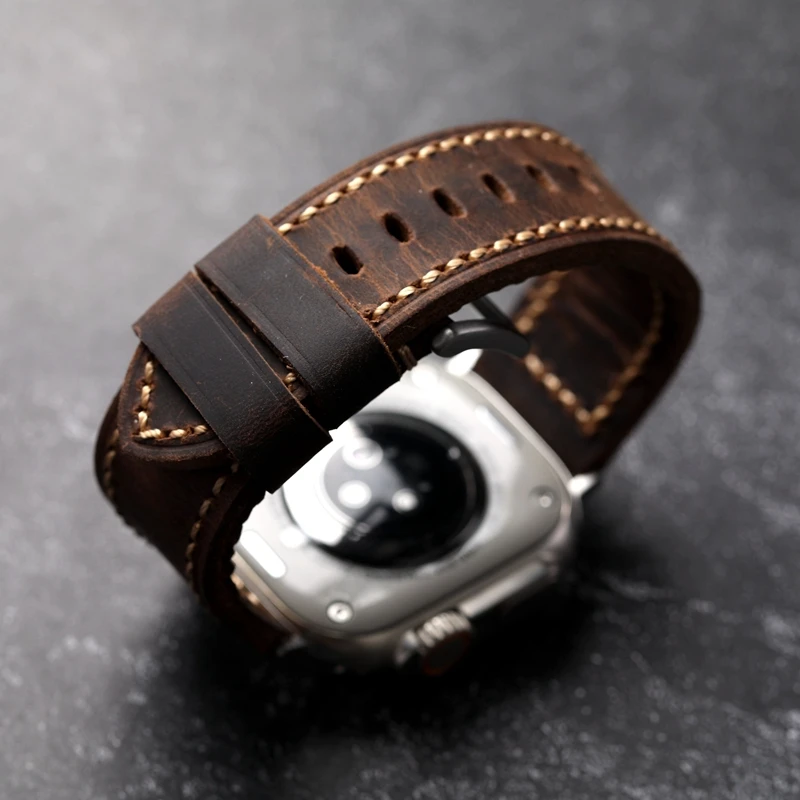 Dark Brown Head Layer Cowhide Leather Strap for Apple Watch Tough Guy Style 49MM 45MM 44MM 42MM Genuine Leather Strap, Thickened