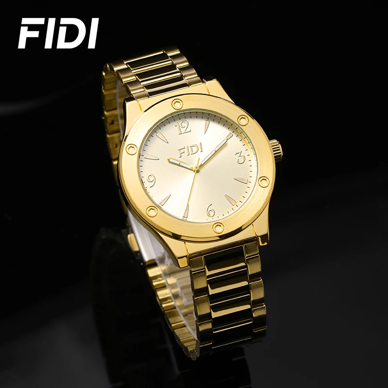 FIDI Men Quartz Watch Gold Silver Stainless Steel Bracelet Casual Business Analog Wristwatch with Screw Bezel for Daily Wear