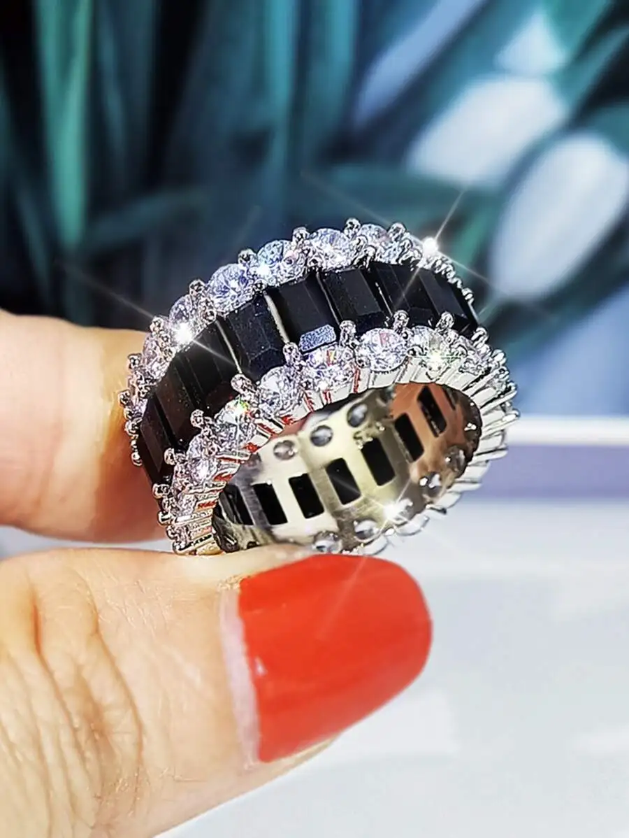 

Cubic Zirconia Black Stone Wide Band Ring For Women