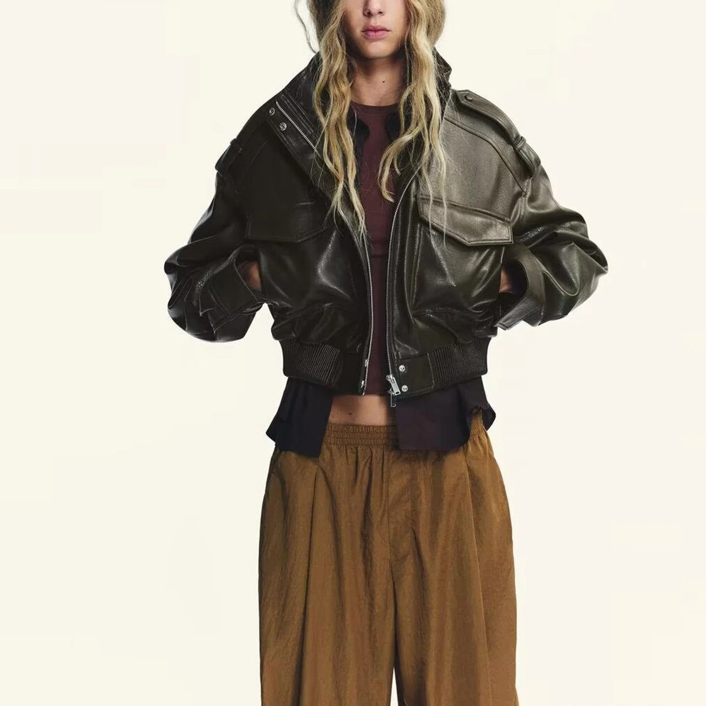 Z 2025 جديد Faion ort جلد Jaet المرأة ملابس خارجية شخصية غير رسمية سستة إغلاق طويل Sve تخفيف Sle