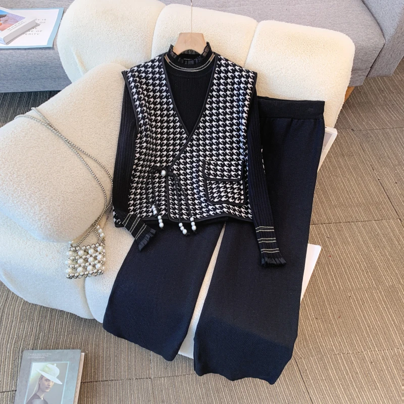 Women Knitted Outfit Set Plush Elegant Top And Cardigan And Long Trousers Pants 2024 Autumn Winter New 3 Piece Set clothing chic