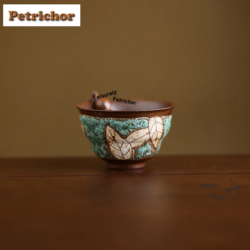 40ml Old Rock Mud Green Turquoise Carved Gourd Teacup Aesthetic Tea Bowl Jug Tea-tasting Fragrance Cup Chazhan Master Cups Gift