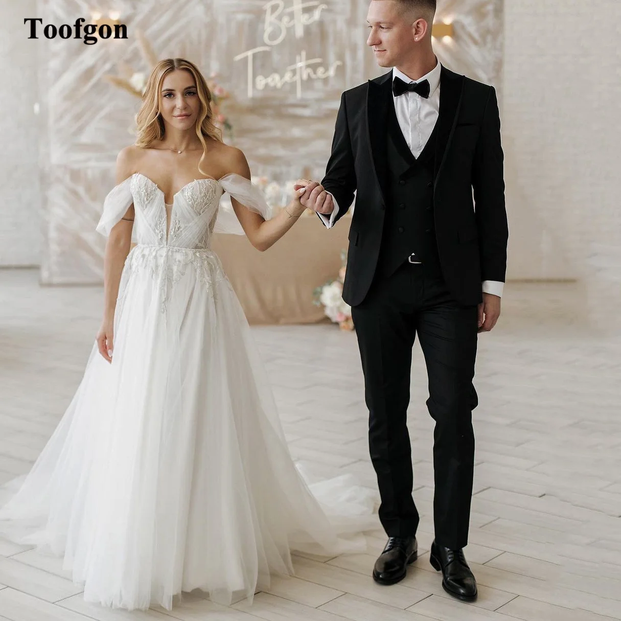 Toofgon vestido de novia de encaje con apliques de tul de una línea elegante, corsé con hombros descubiertos, vestidos de novia para fiesta