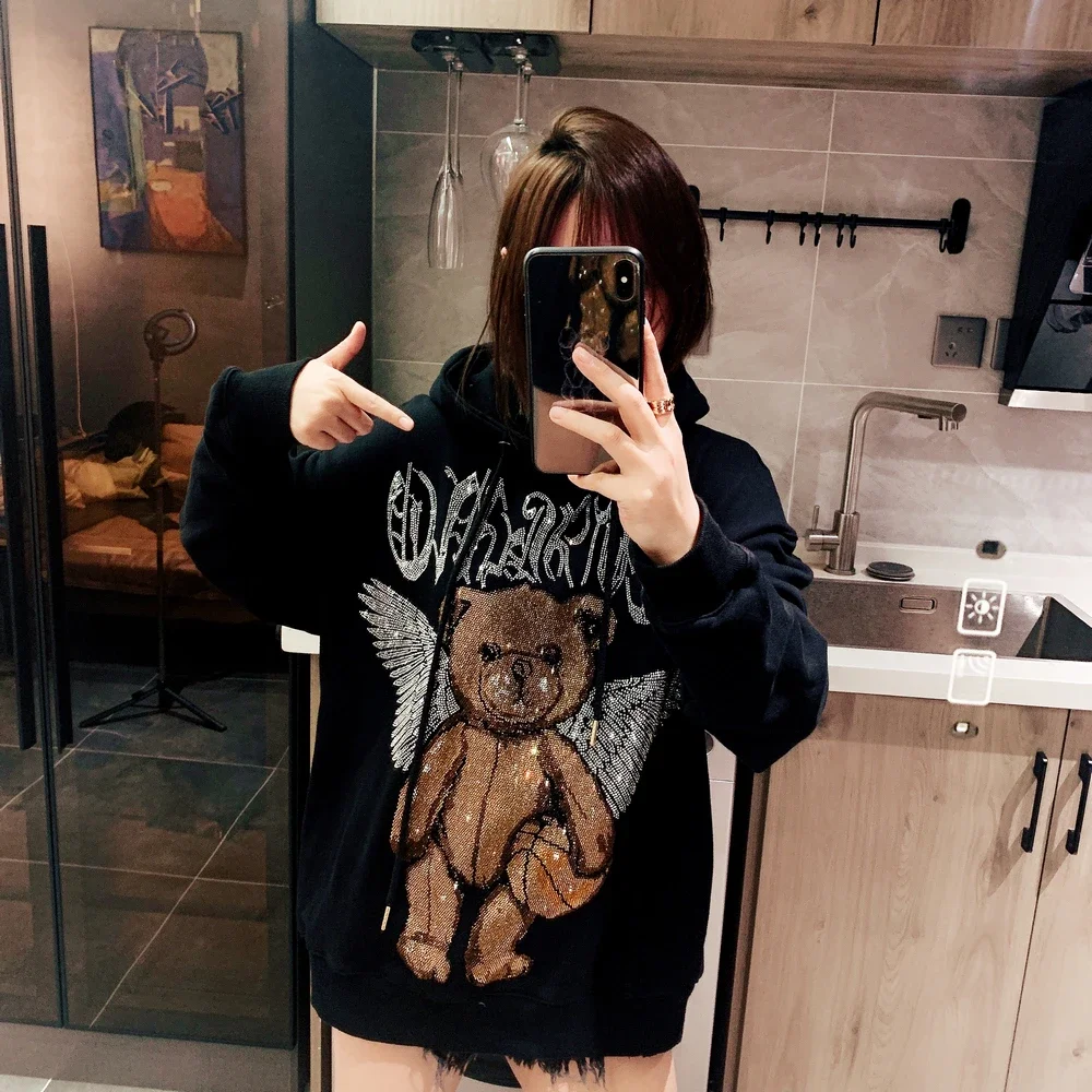 Men Women Autumn Pullovers Hooded Rhinestone Bear Wings Streetwear Hoodie Top Mid-length Oversize Long Sleeve Black Sweatshirt