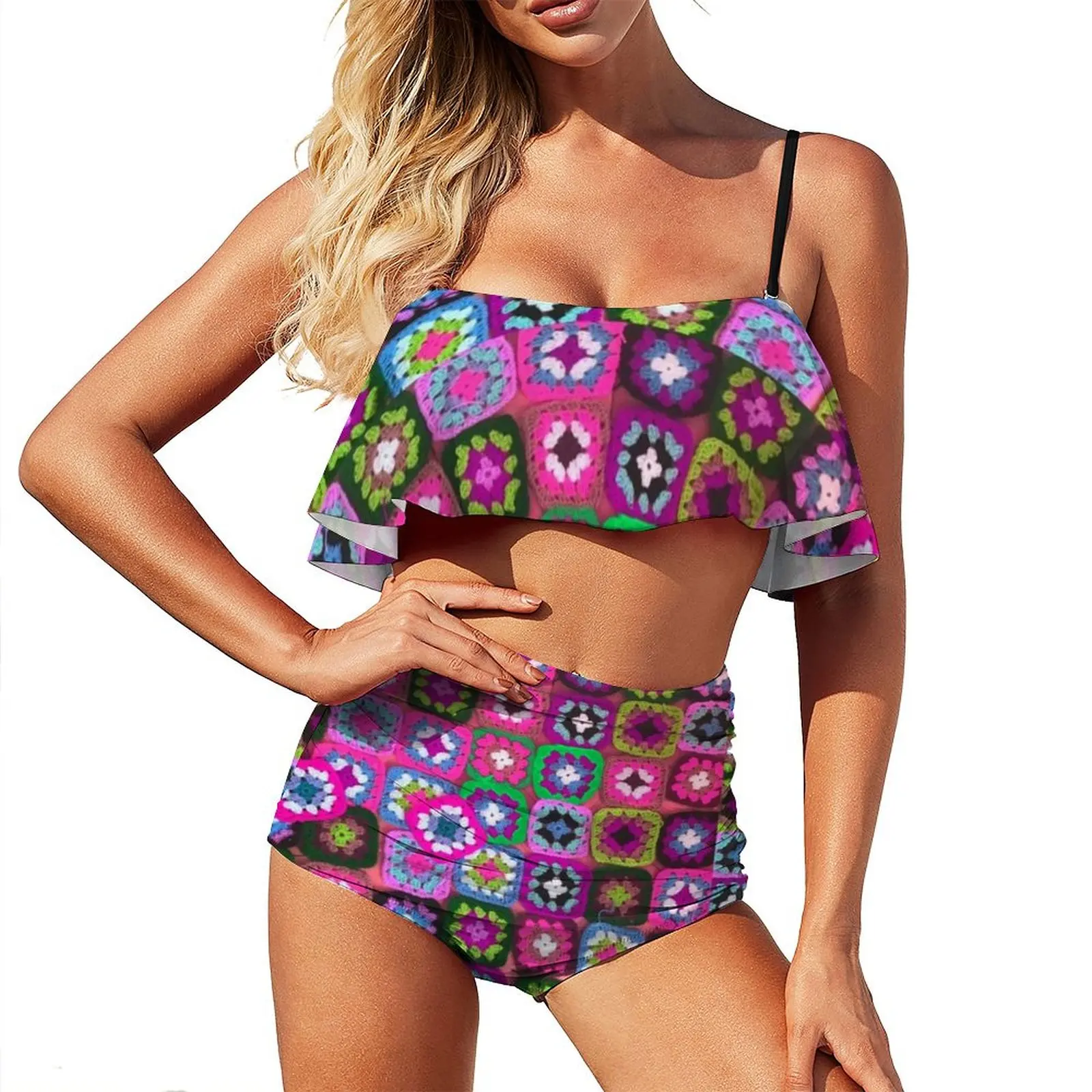 

Hippy Peace Bikinis Set Square Vintage Print Bikini Swimsuit Sexy High Waist Stylish Swimwear Beach Graphic Beach Outfits