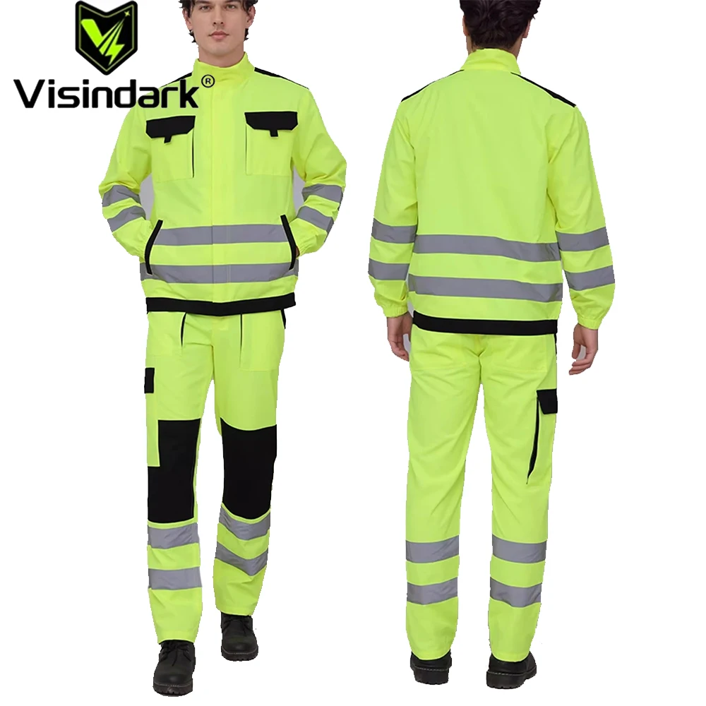 Hi Vis Suit Multi Pockets Work Clothing Men Factory Repairman Workshop Durable Uniforms Road Construction Workwear