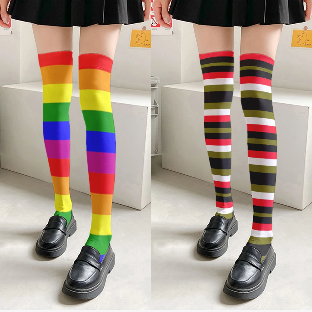 Novelty rainbow multicolor striped stockings fashion sexy thigh high stockings Harajuku Kawaii girl good-looking stockings