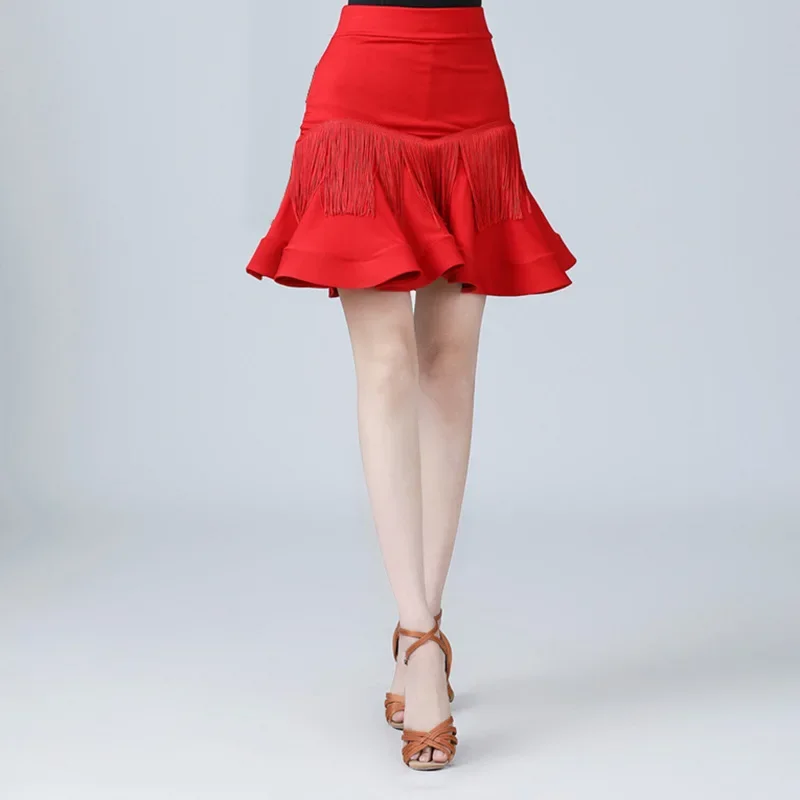 New 2025 Latin Dance Women's Short Skirt Senba Belly Modern Dance V-shaped Tassels Fishbone Skirt