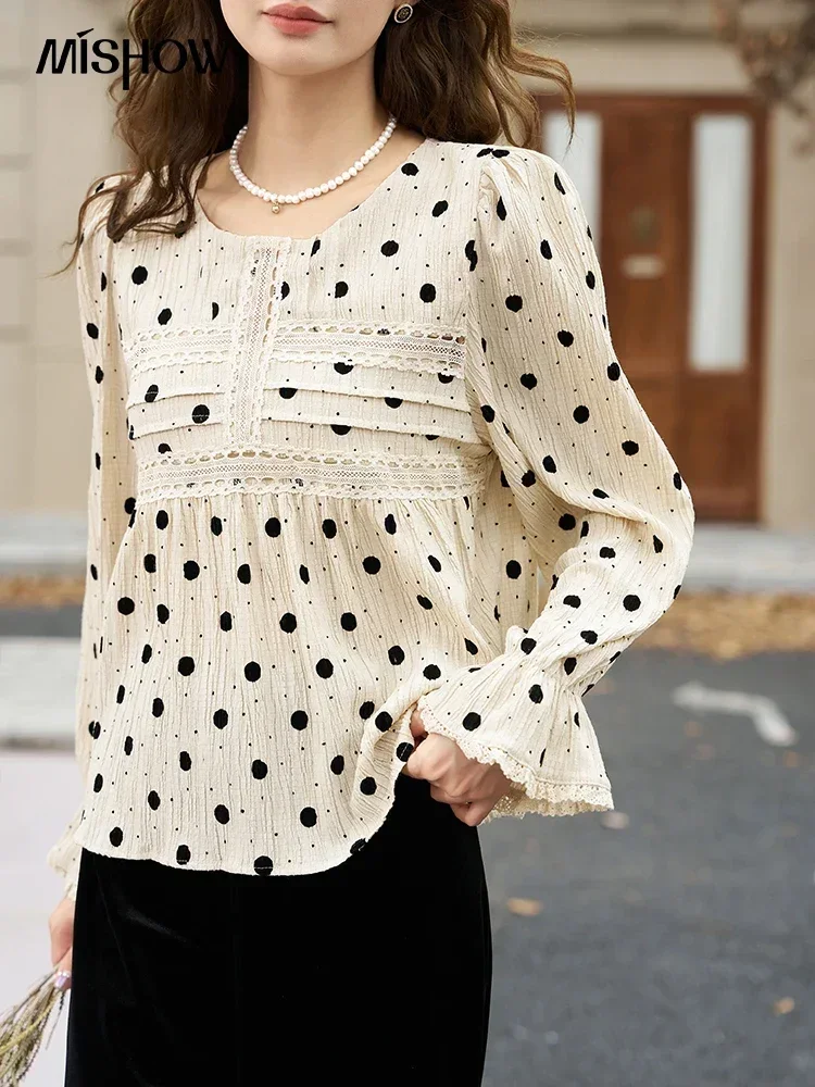 MISHOW French Polka Dot Blouse Women Spring Autumn Elegant Bell Long Sleeve Shirt Woman Casual Lace Spliced Sweet Top MXC46X1317