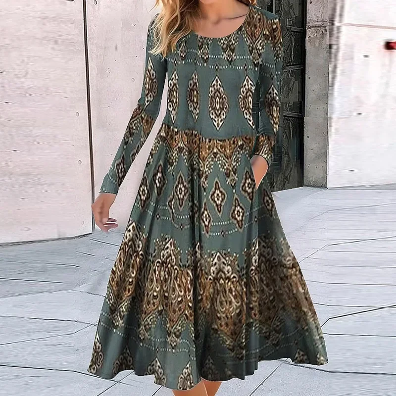 

Female O-Neck Pocket Bohemian Dress New Women Casual Pleated Swing Maxi Dress Vintage Geometric Pattern Long Sleeve Autumn Dress