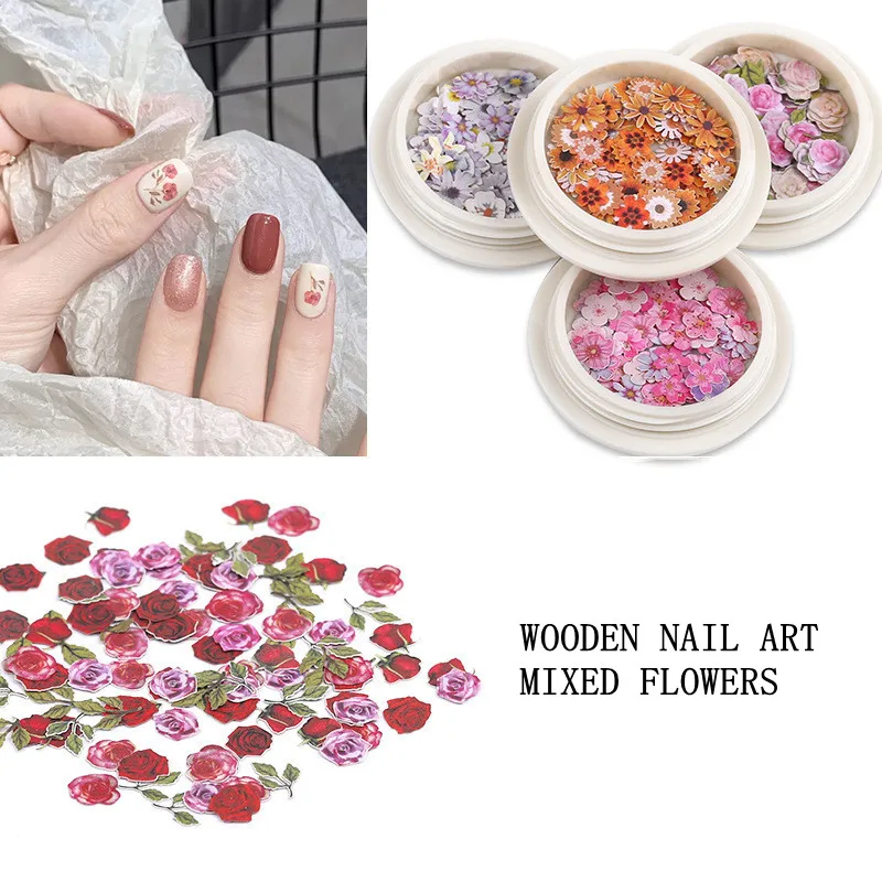 50pcs/box 3D Nail Mix Flower Wood Rhinestones Pulp Piece Small Daisy Rose Manicure Sticker Tool Nail Art Dry Flower Patch Decor