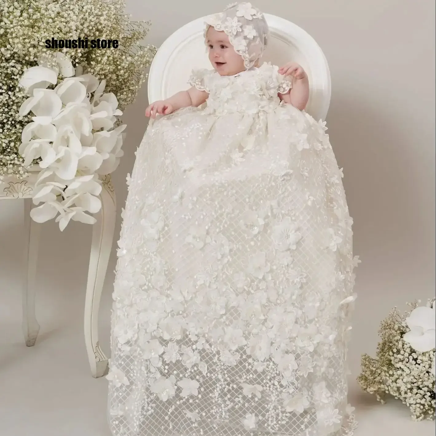 

Luxury Lace Baby Christening Gowns Appliques 3D Floral Girls Baptism Customized Newborn Toddle Birthday First Communion Dresses